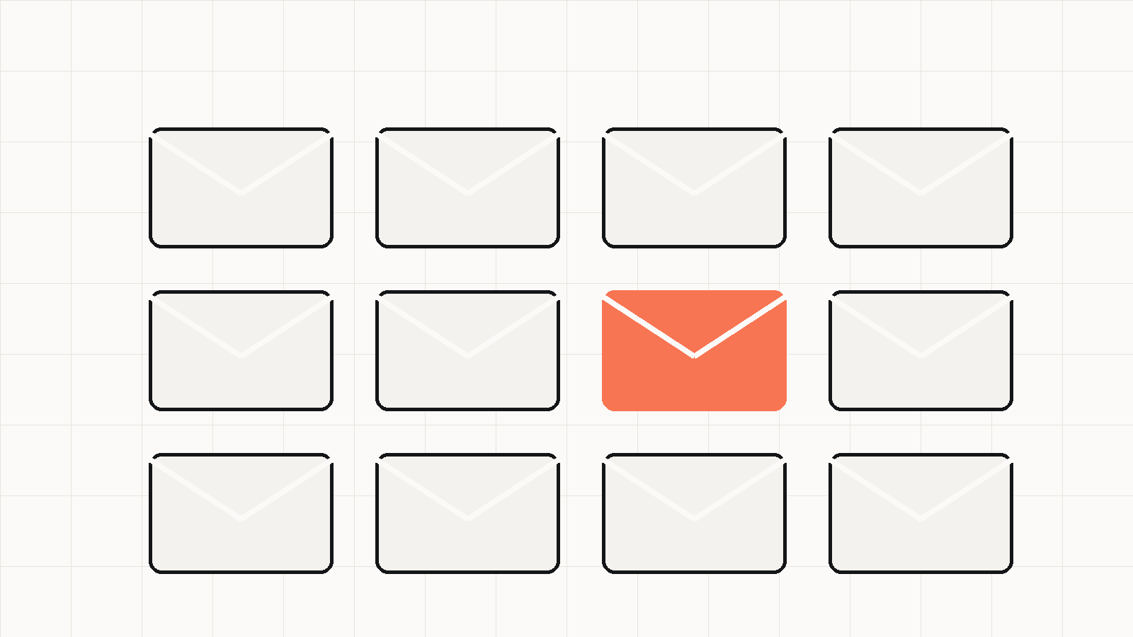 A grid of identical envelopes with a single orange one, representing considered email